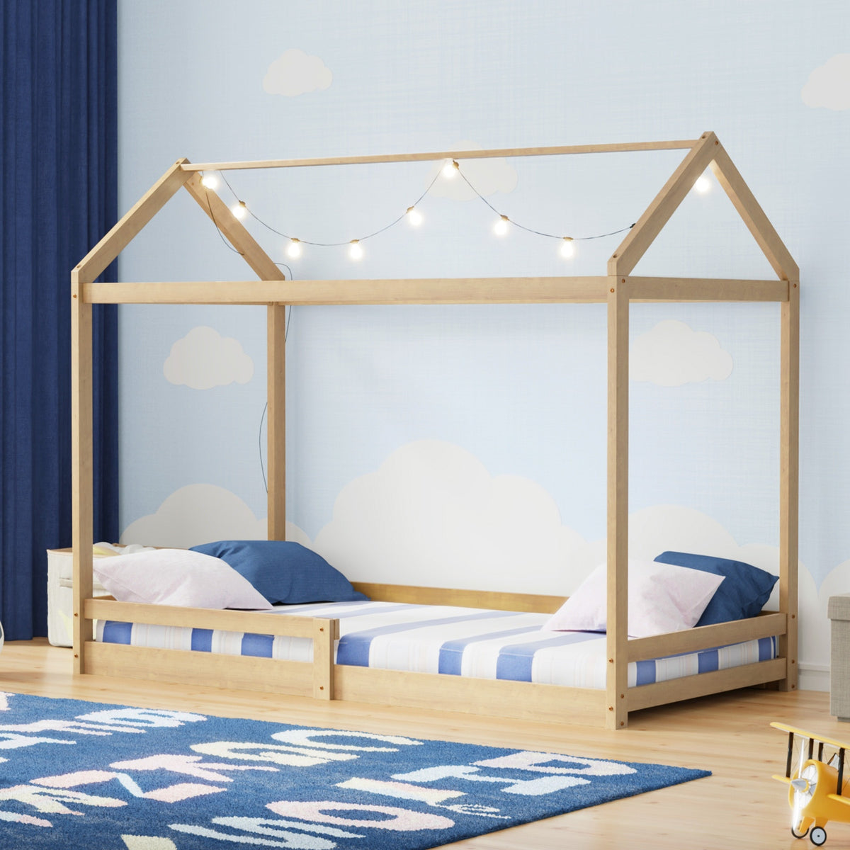 Oikiture Kids Wooden Bed Frame House Beds Base Timber with Fence Single Natural - Sunyee