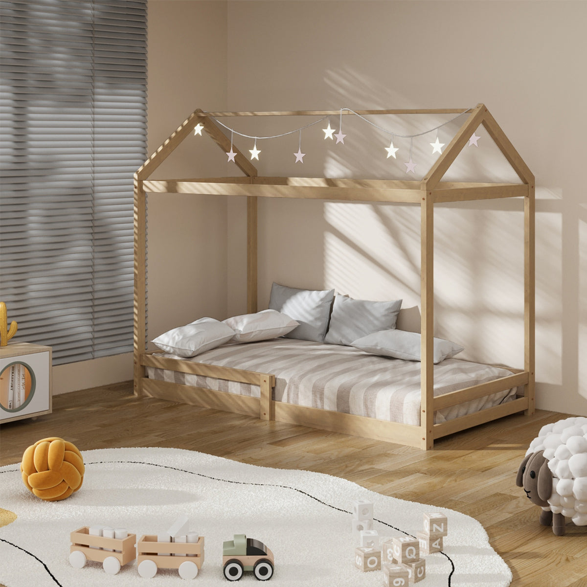 Oikiture Kids Wooden Bed Frame House Beds Base Timber with Fence Single Natural - Sunyee