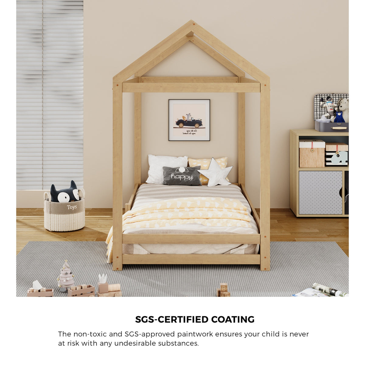 Oikiture Kids Wooden Bed Frame House Beds Base Timber with Fence Single Natural - Sunyee