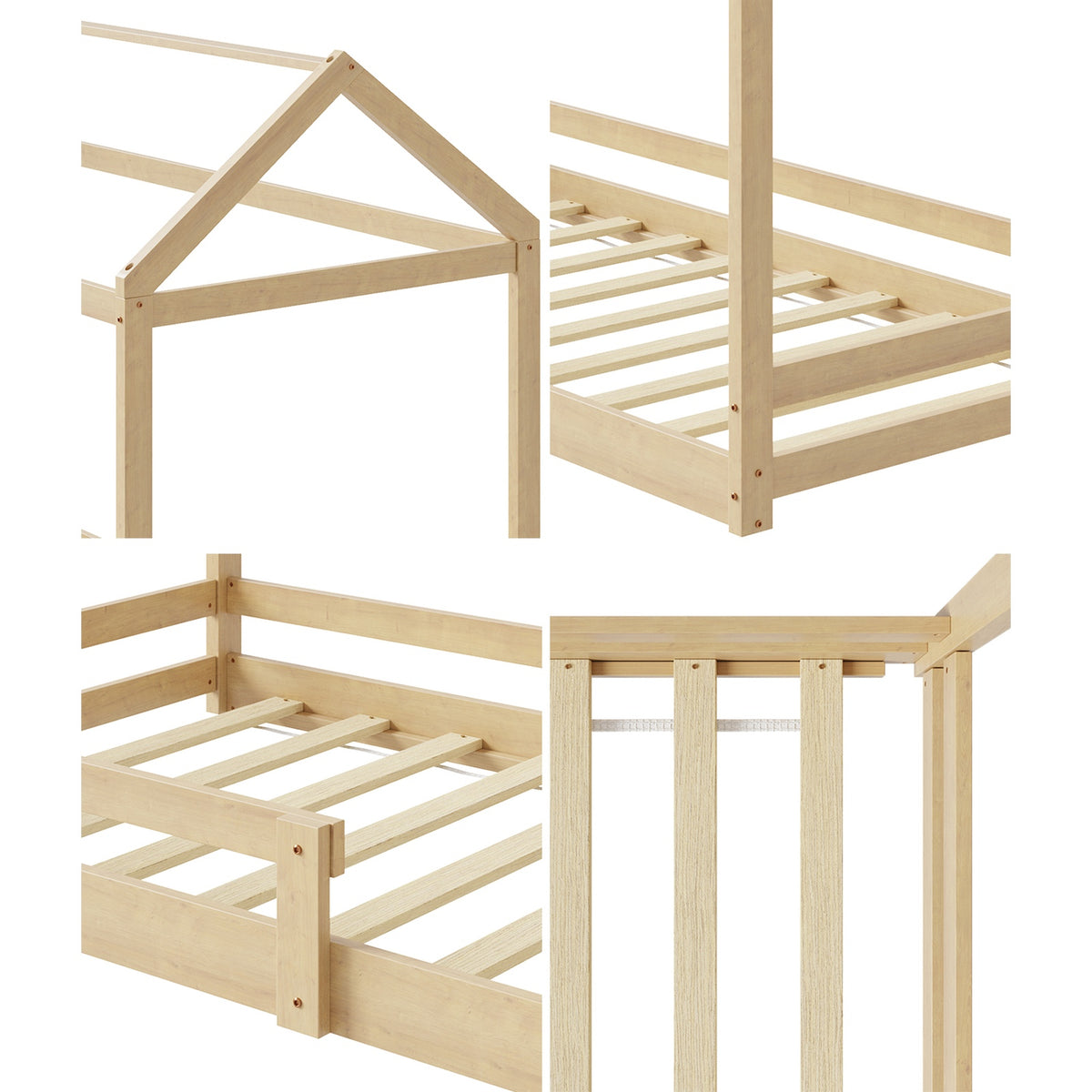 Oikiture Kids Wooden Bed Frame House Beds Base Timber with Fence Single Natural - Sunyee