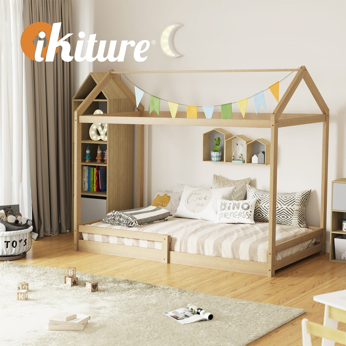 Oikiture Kids Wooden Bed Frame House Beds Base Timber with Fence Single Natural - Sunyee
