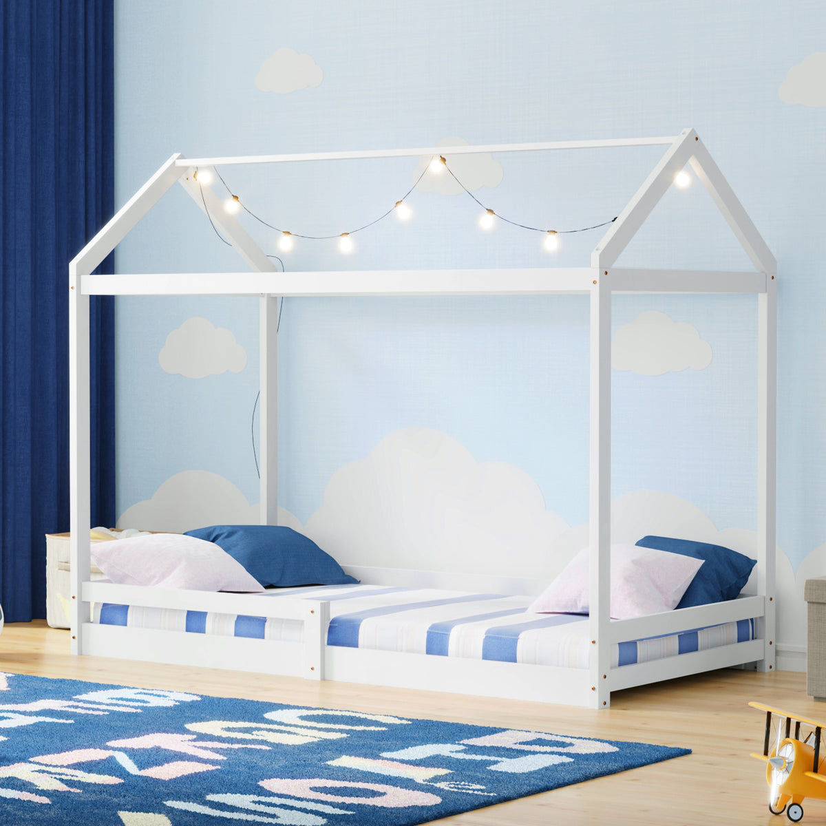 Oikiture Kids Wooden Bed Frame House Beds Base Timber with Fence Single White - Sunyee