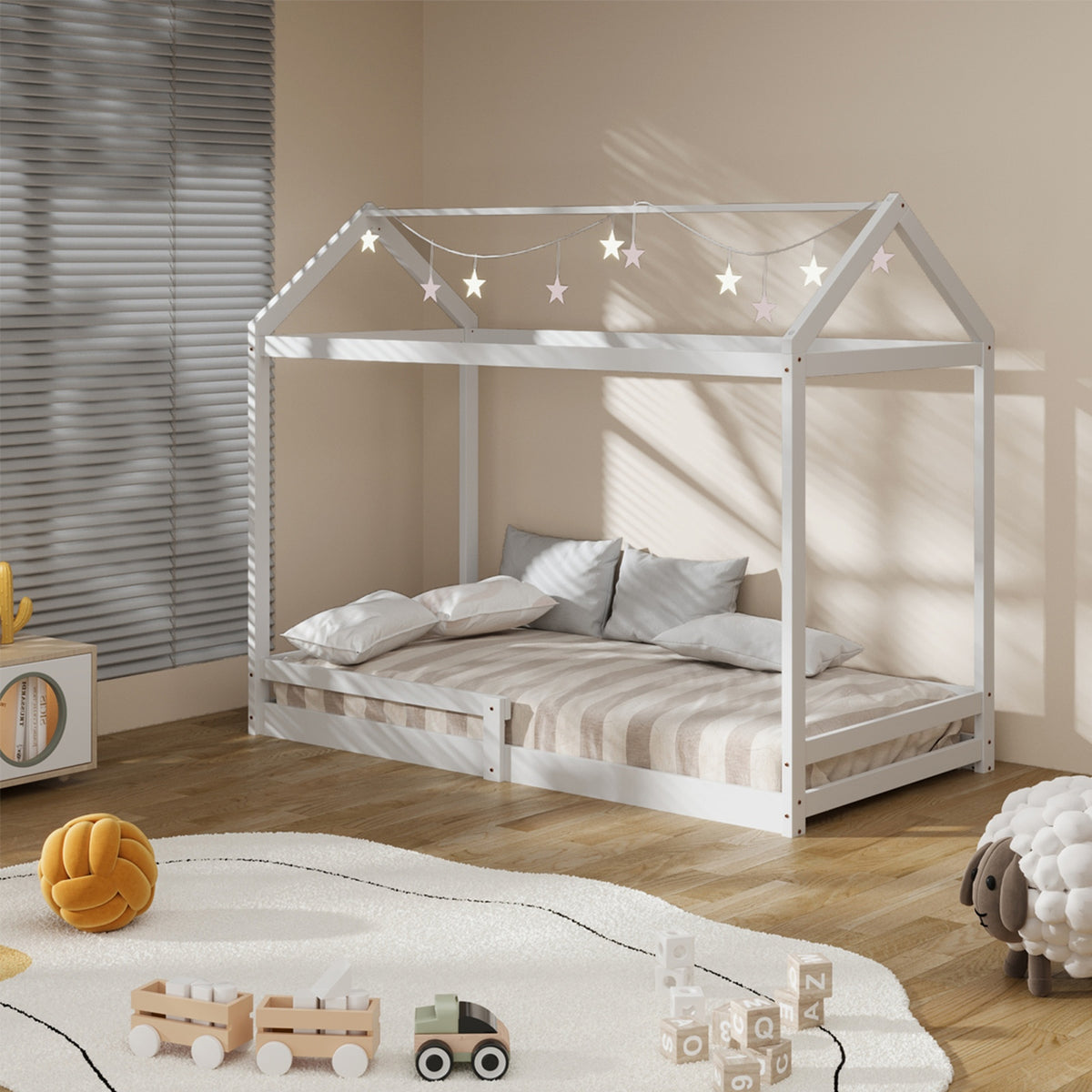 Oikiture Kids Wooden Bed Frame House Beds Base Timber with Fence Single White - Sunyee