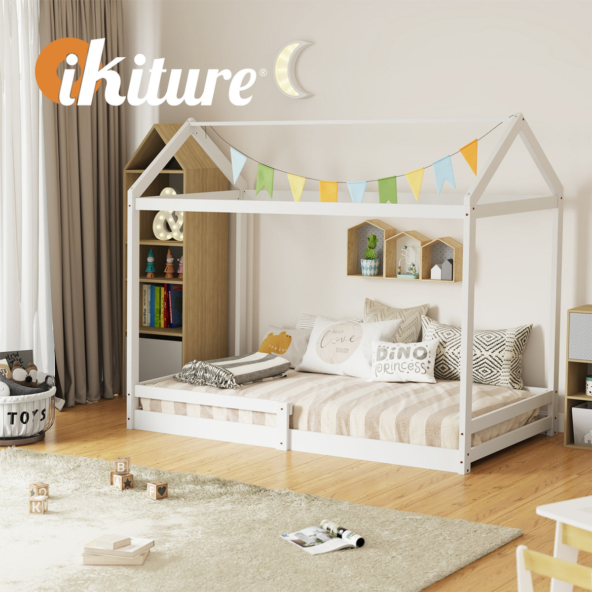 Oikiture Kids Wooden Bed Frame House Beds Base Timber with Fence Single White - Sunyee