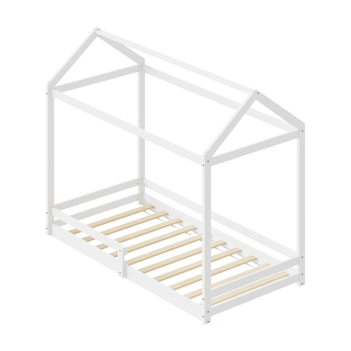 Oikiture Kids Wooden Bed Frame House Beds Base Timber with Fence Single White - Sunyee