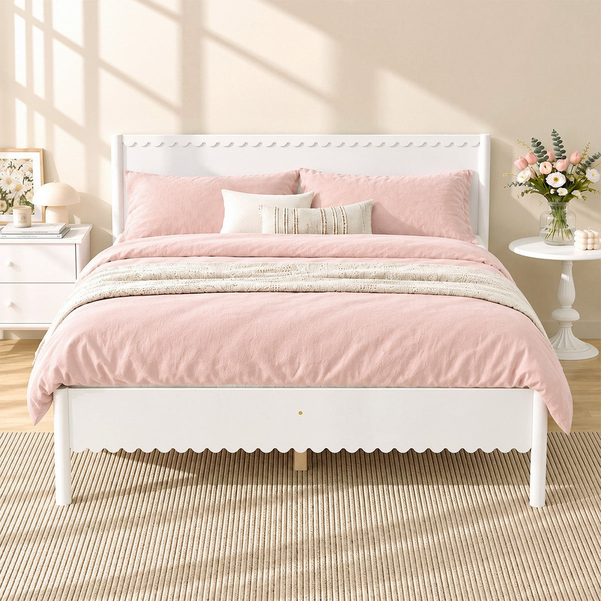 Oikiture Scalloped Bed Wooden Bed Frame Solid Pine Timber Queen White