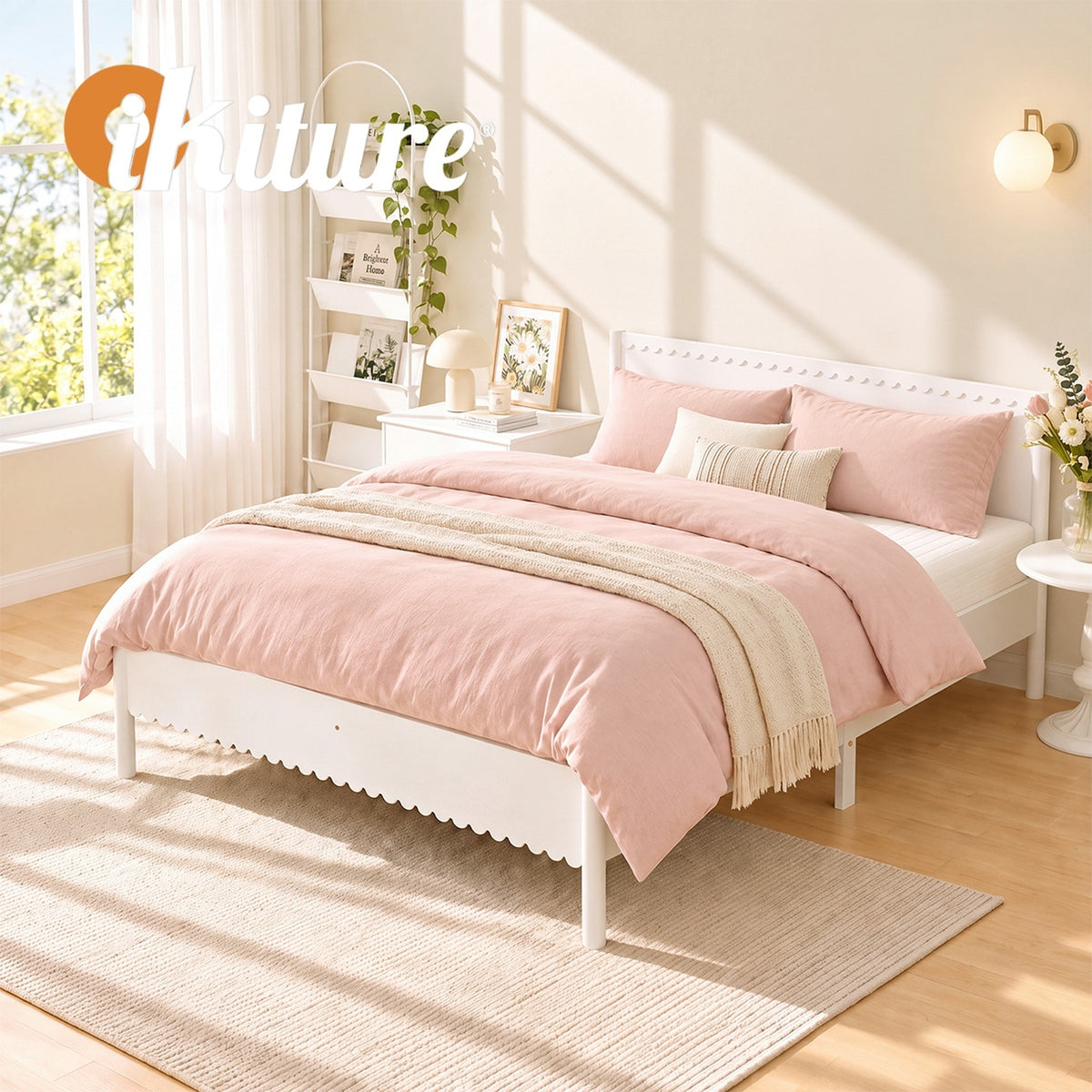 Oikiture Scalloped Bed Wooden Bed Frame Solid Pine Timber Queen White