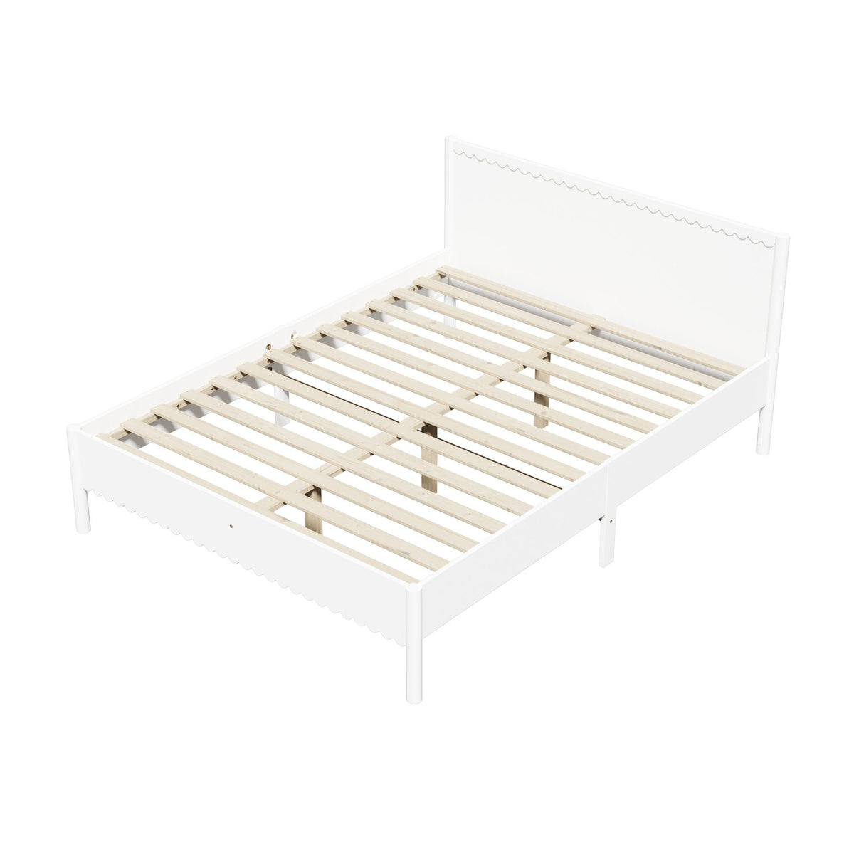 Oikiture Scalloped Bed Wooden Bed Frame Solid Pine Timber Queen White