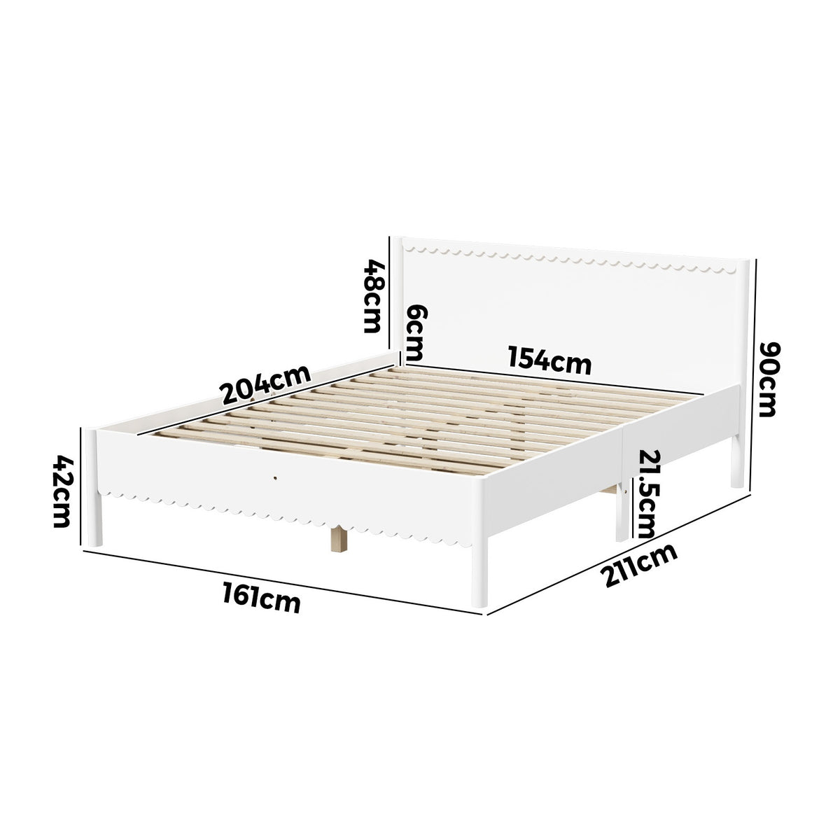 Oikiture Scalloped Bed Wooden Bed Frame Solid Pine Timber Queen White