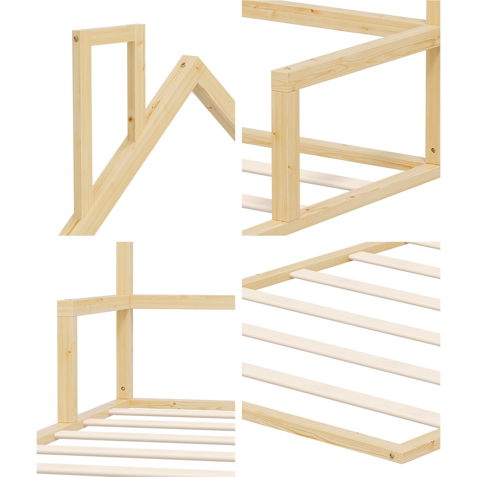 Oikiture Wooden Kids Bed Frame Floor Beds Chimney Platform King Single Natural