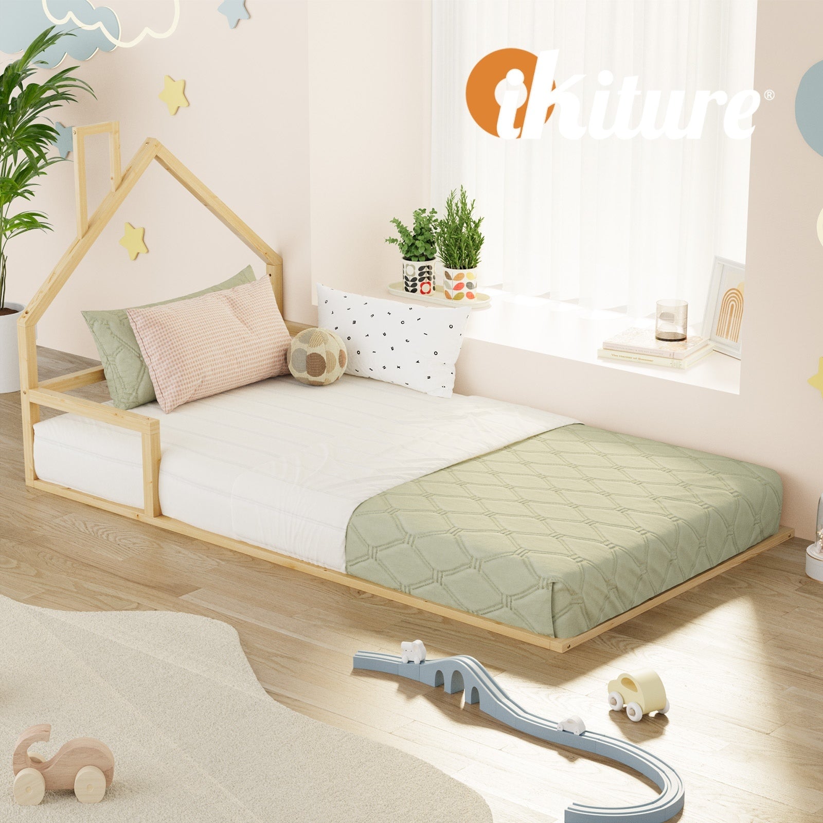 Oikiture Wooden Kids Bed Frame Floor Beds Chimney Platform King Single Natural