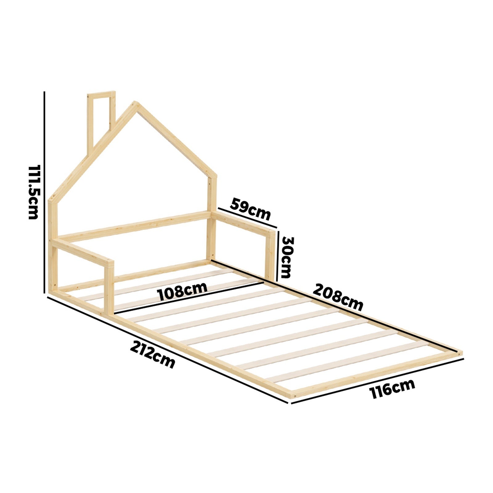 Oikiture Wooden Kids Bed Frame Floor Beds Chimney Platform King Single Natural