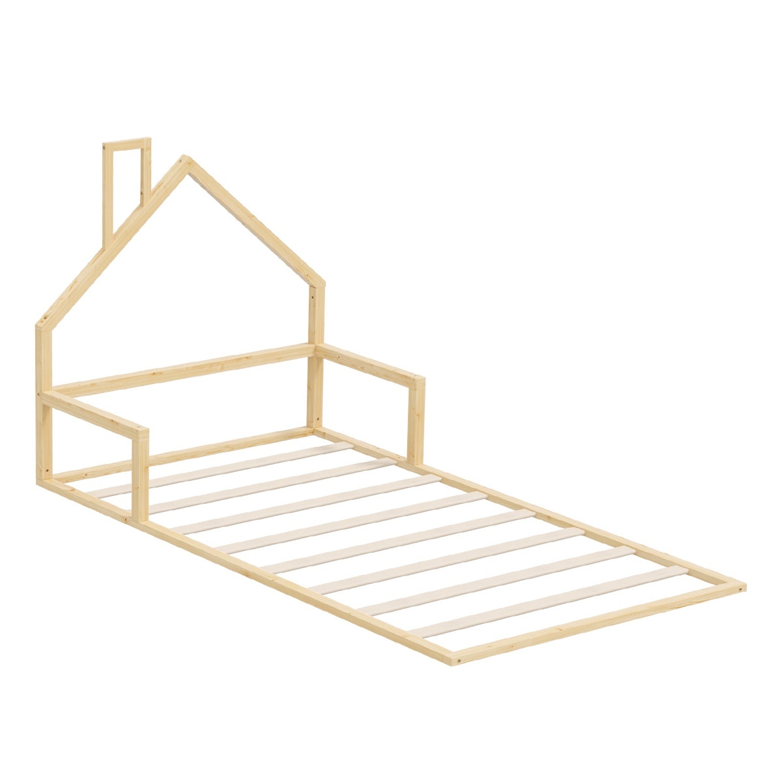 Oikiture Wooden Kids Bed Frame Floor Beds Chimney Platform King Single Natural
