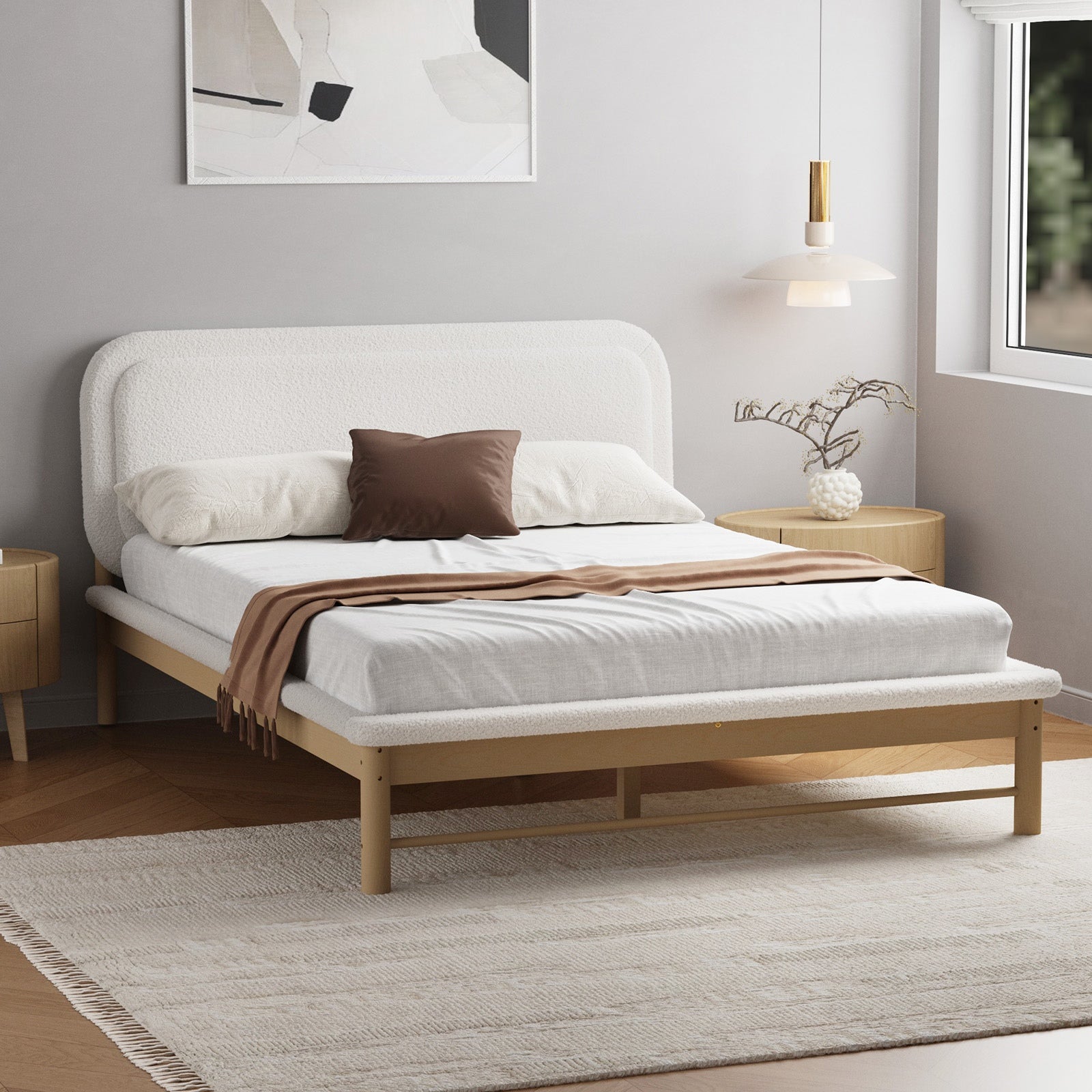 Oikiture Wooden Bed Frame with Boucle Upholstery Headboard Pine Base Queen - Sunyee