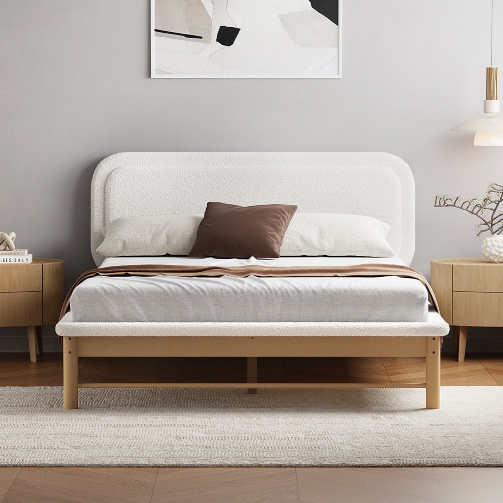 Oikiture Wooden Bed Frame with Boucle Upholstery Headboard Pine Base Queen - Sunyee