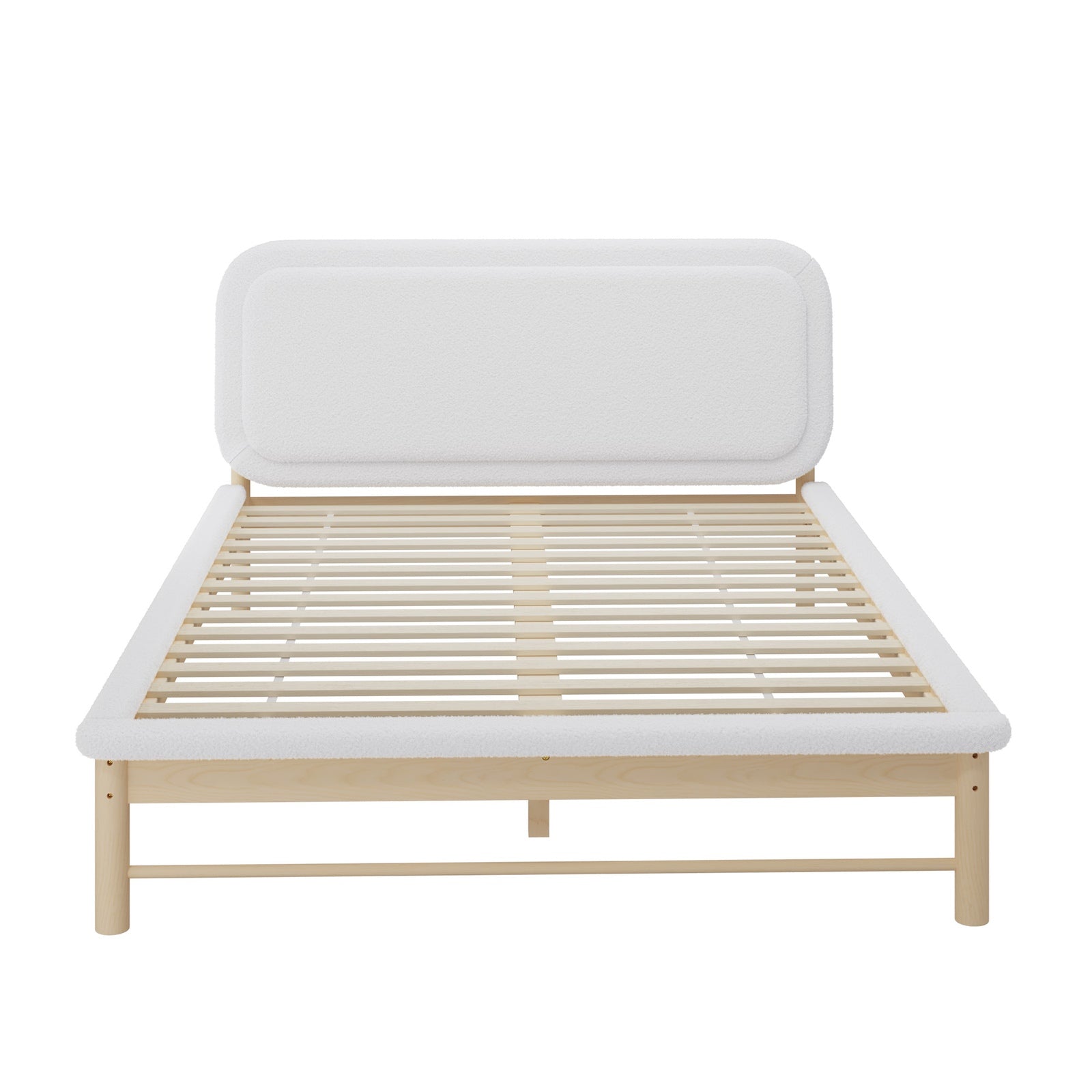 Oikiture Wooden Bed Frame with Boucle Upholstery Headboard Pine Base Queen - Sunyee