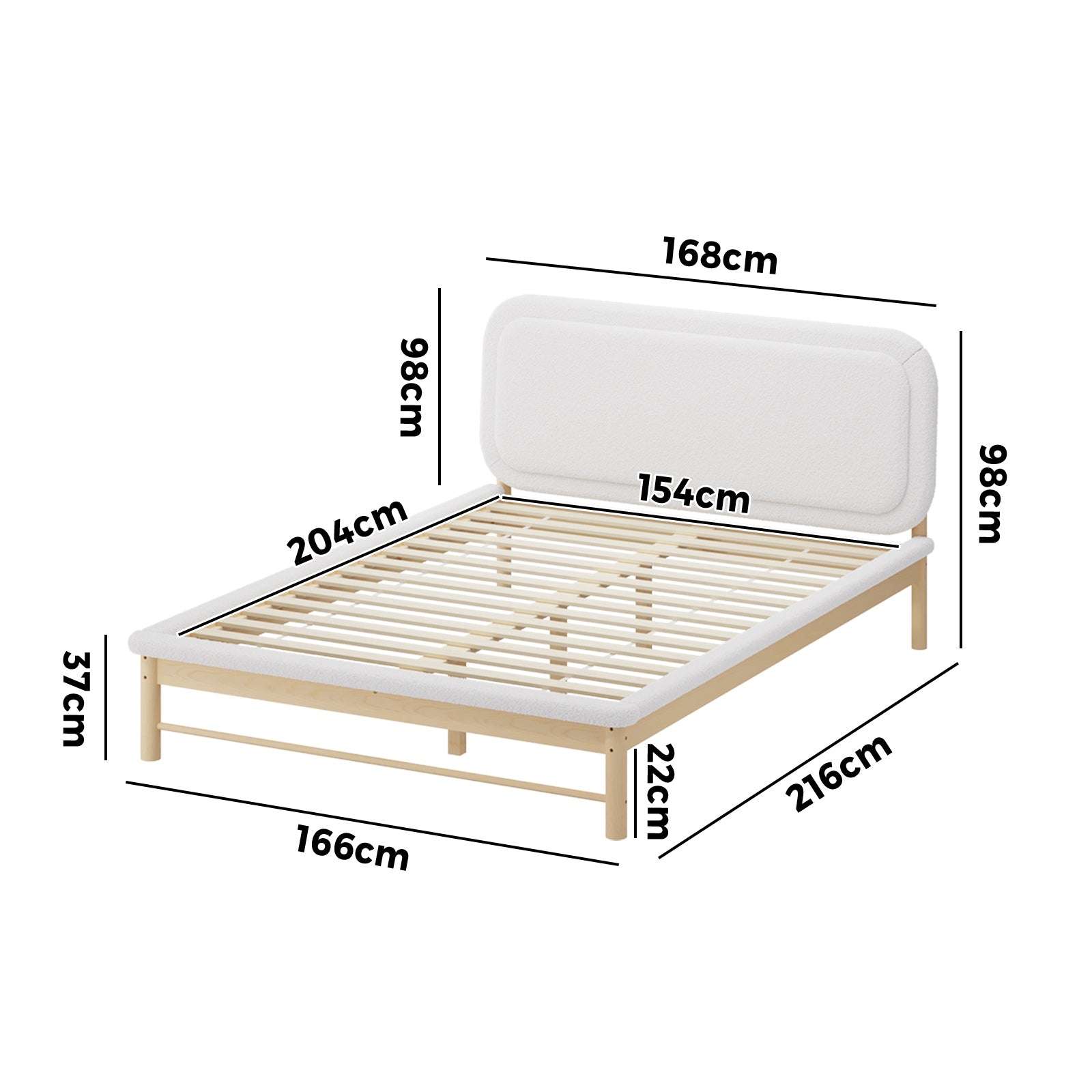 Oikiture Wooden Bed Frame with Boucle Upholstery Headboard Pine Base Queen - Sunyee