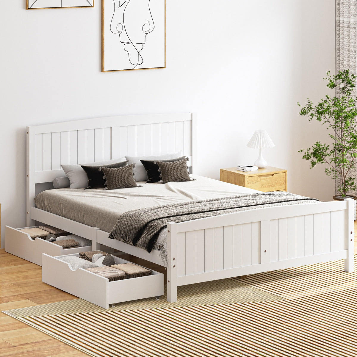 Oikiture Wooden Bed Frame Quenn Double King Single Base with Drawers White META
