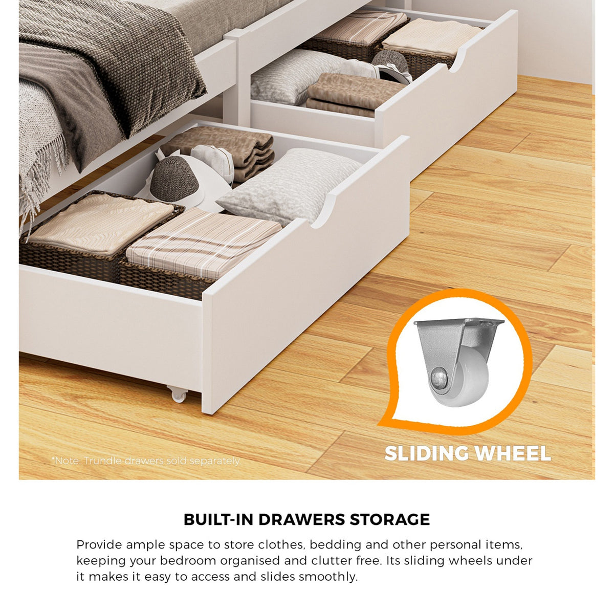 Oikiture Wooden Bed Frame Quenn Double King Single Base with Drawers White META