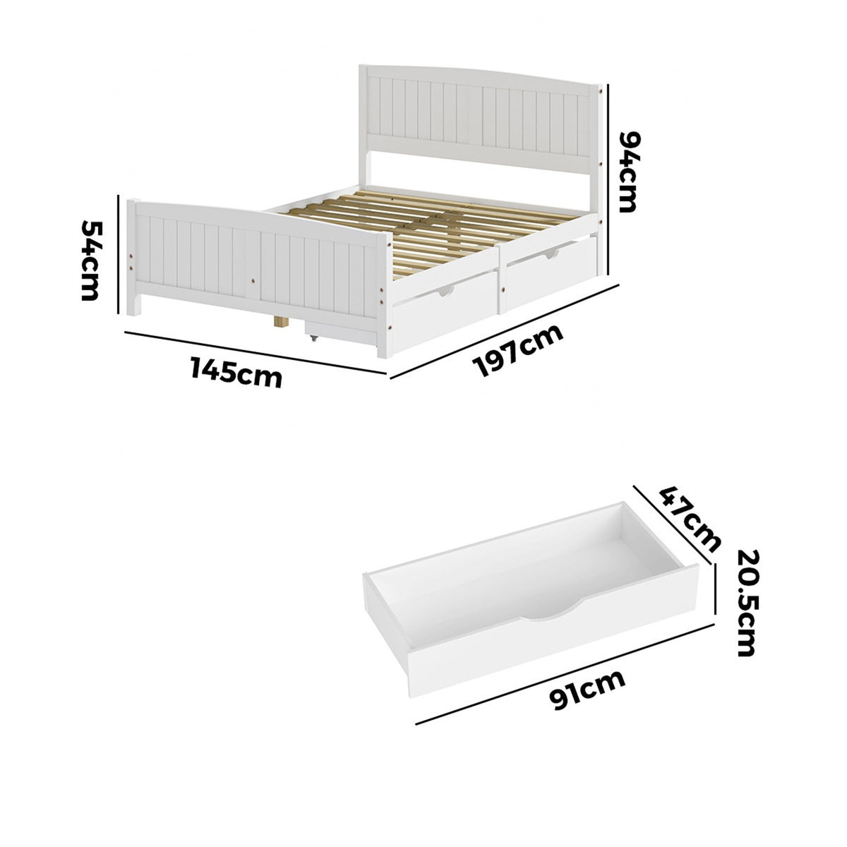 Oikiture Wooden Bed Frame Double Size Base with Trundle Storage Drawers White