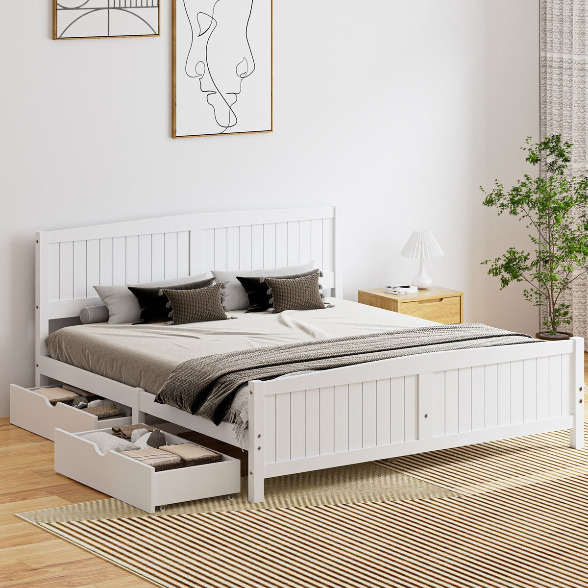 Oikiture Wooden Bed Frame Quenn Double King Single Base with Drawers White META