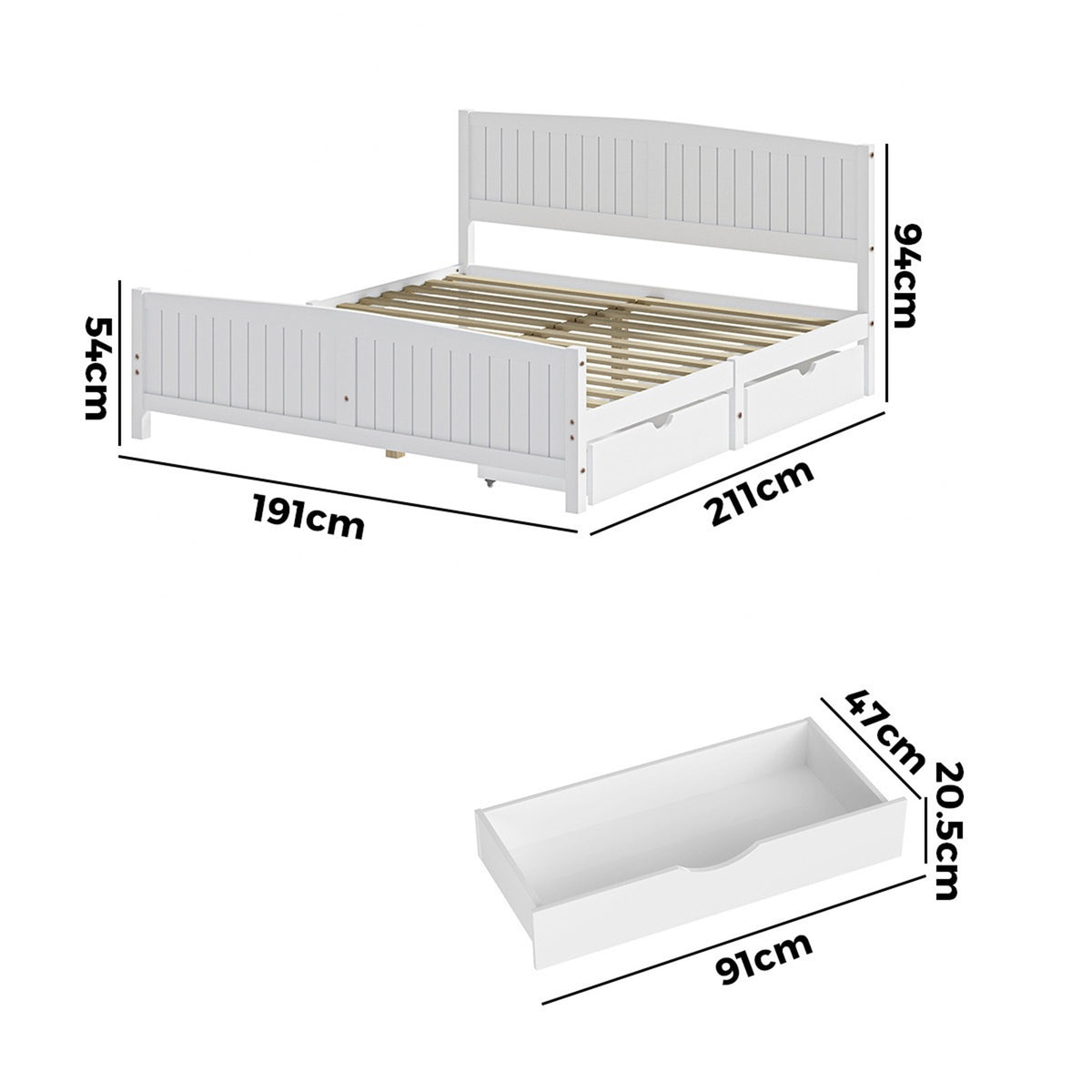 Oikiture Wooden Bed Frame King Size Base with Trundle Storage Drawers White