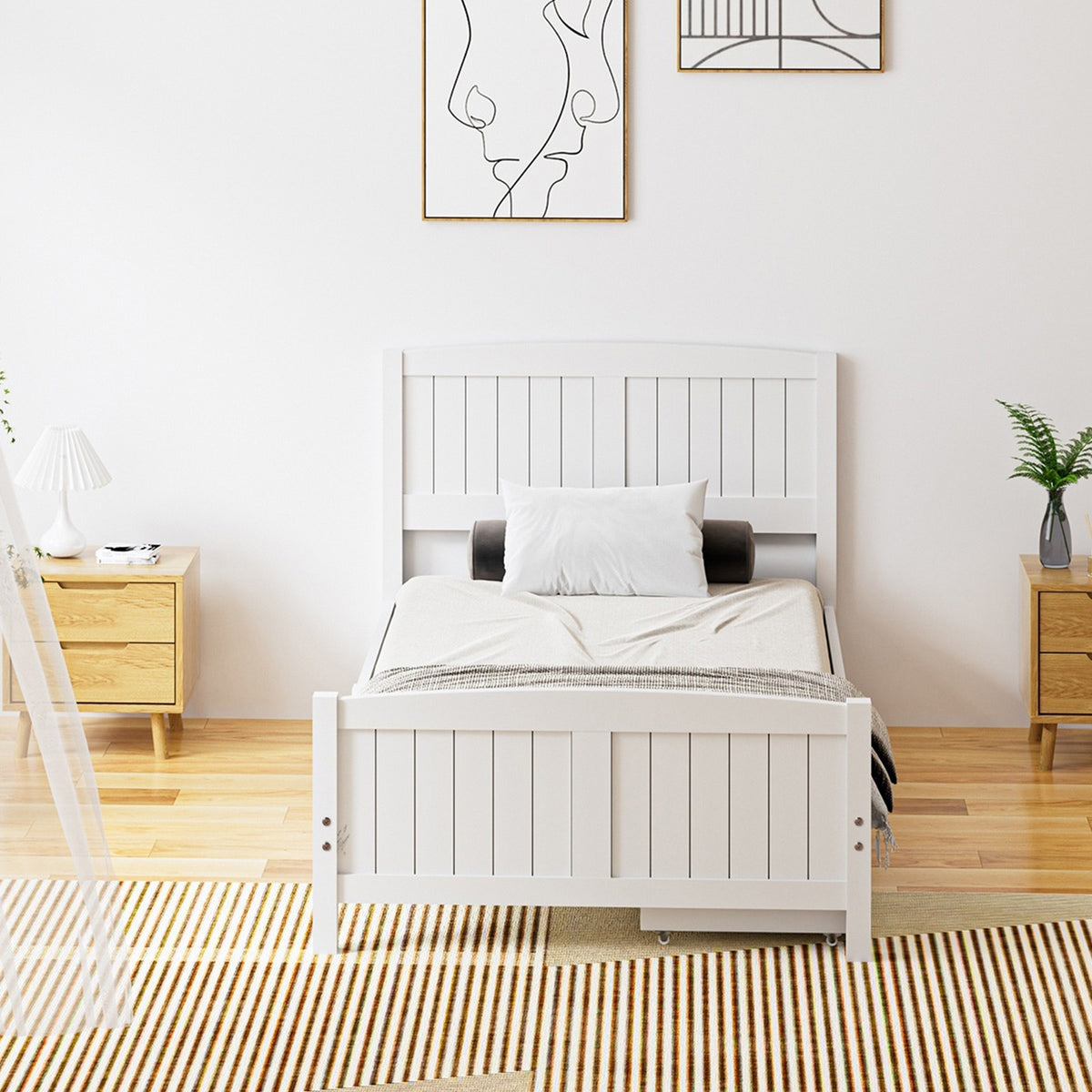 Oikiture Wooden Bed Frame King Single Base with Trundle Storage Drawers White