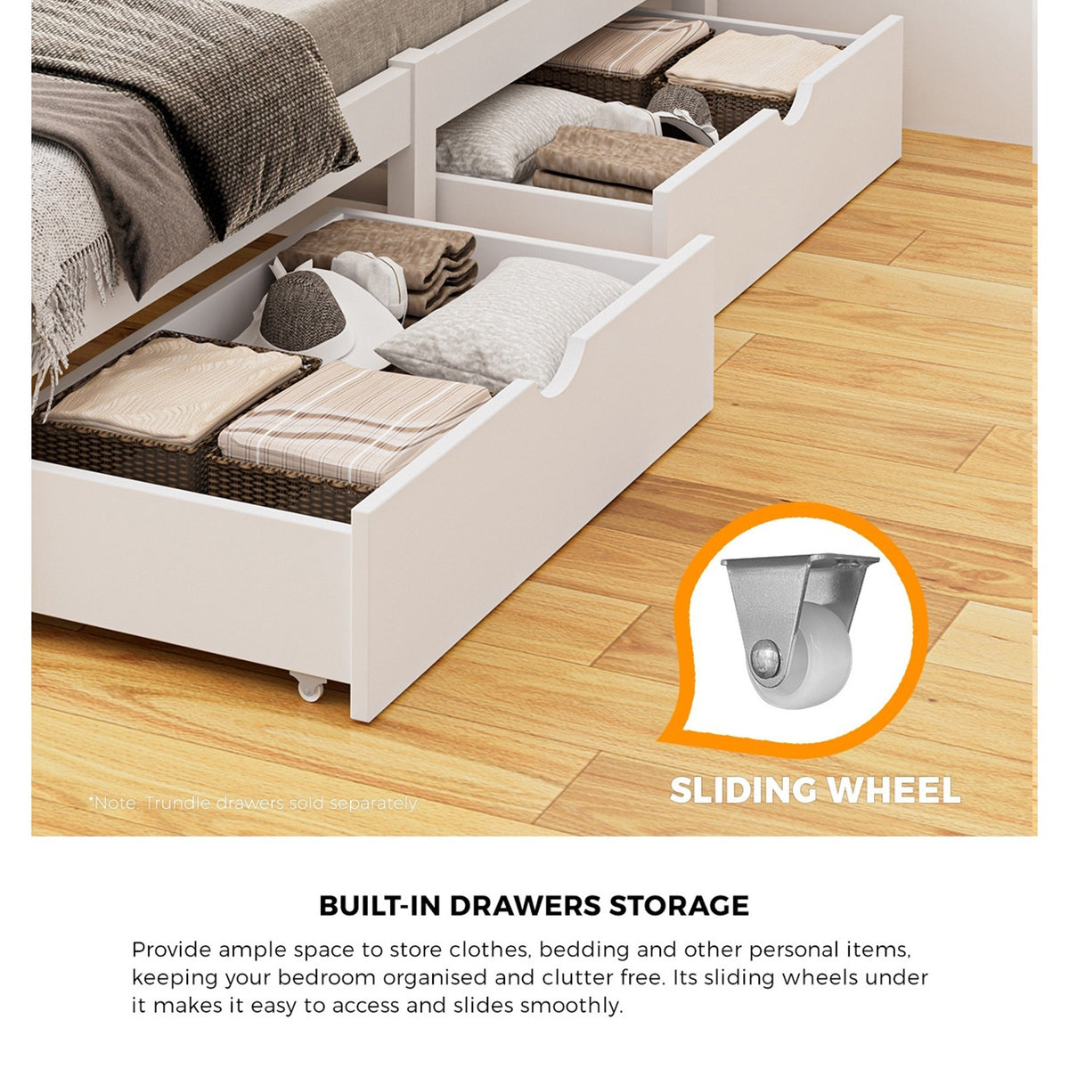 Oikiture Wooden Bed Frame King Single Base with Trundle Storage Drawers White