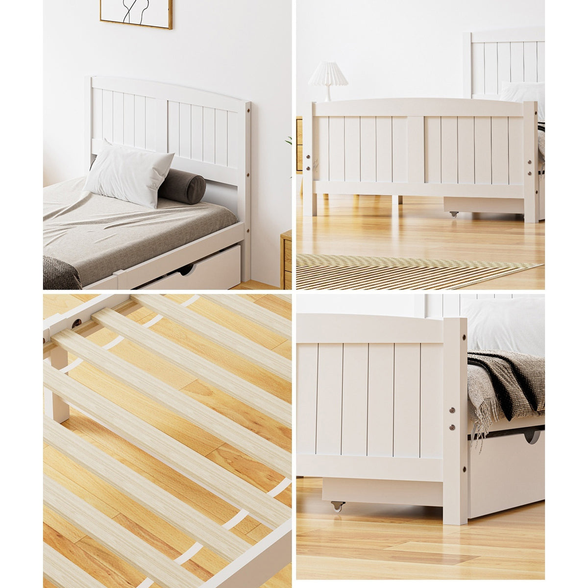 Oikiture Wooden Bed Frame King Single Base with Trundle Storage Drawers White