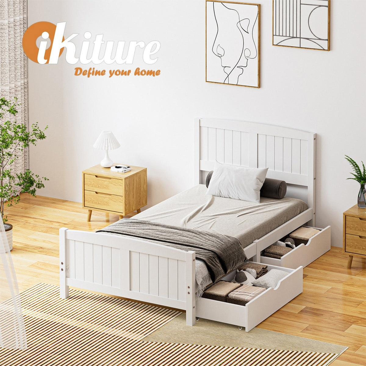 Oikiture Wooden Bed Frame King Single Base with Trundle Storage Drawers White