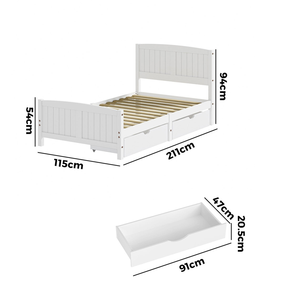 Oikiture Wooden Bed Frame King Single Base with Trundle Storage Drawers White