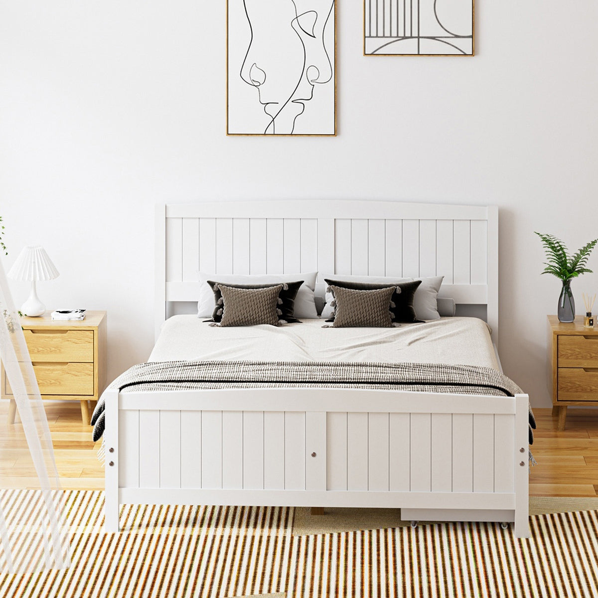 Oikiture Wooden Bed Frame Queen Size Base with Trundle Storage Drawers White