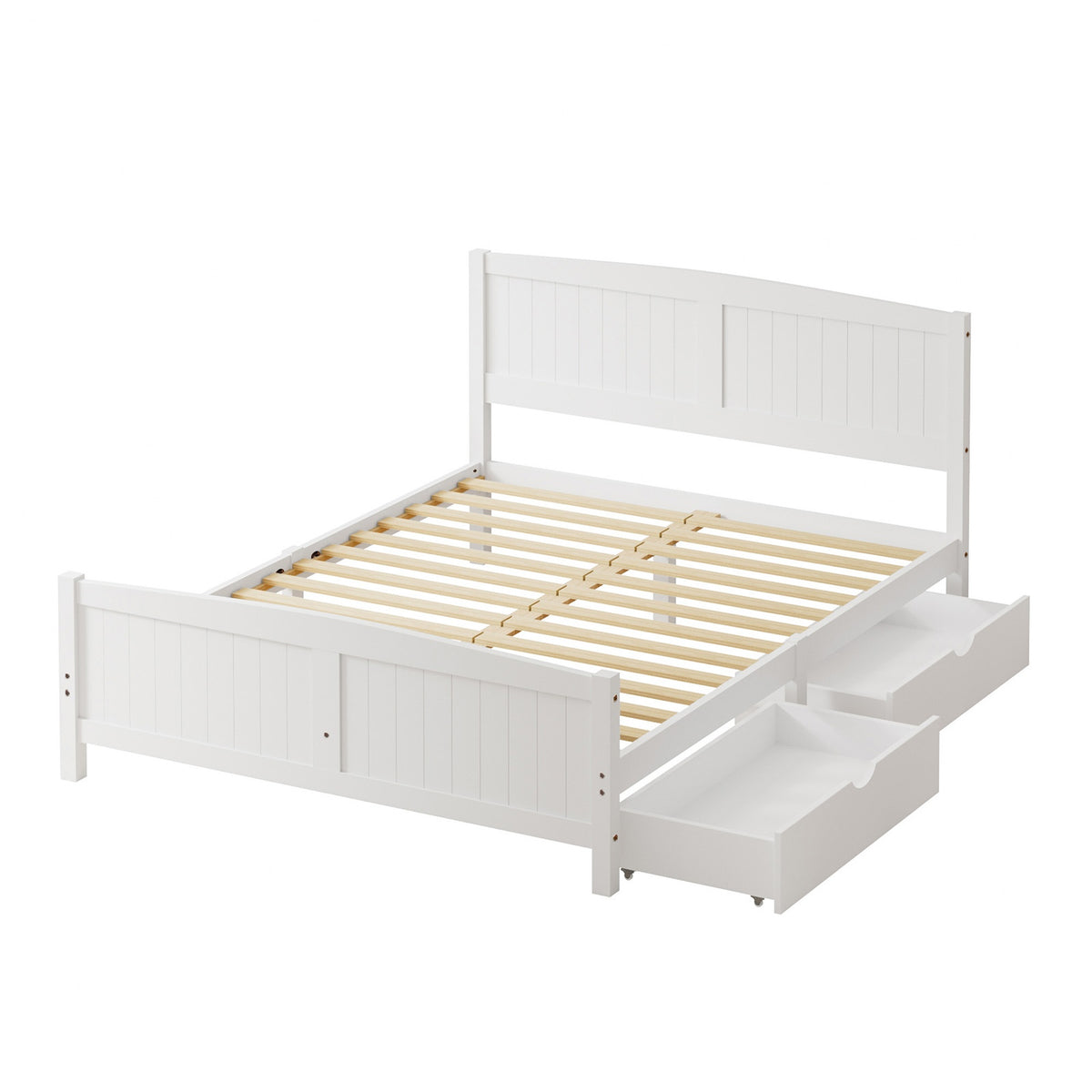 Oikiture Wooden Bed Frame Queen Size Base with Trundle Storage Drawers White