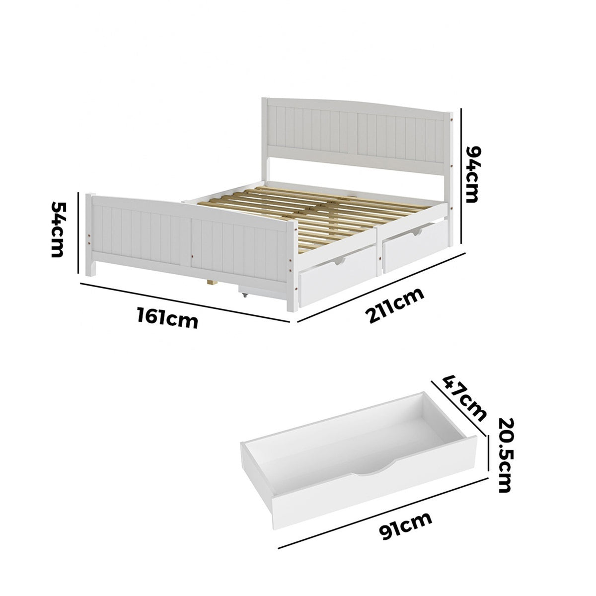Oikiture Wooden Bed Frame Queen Size Base with Trundle Storage Drawers White