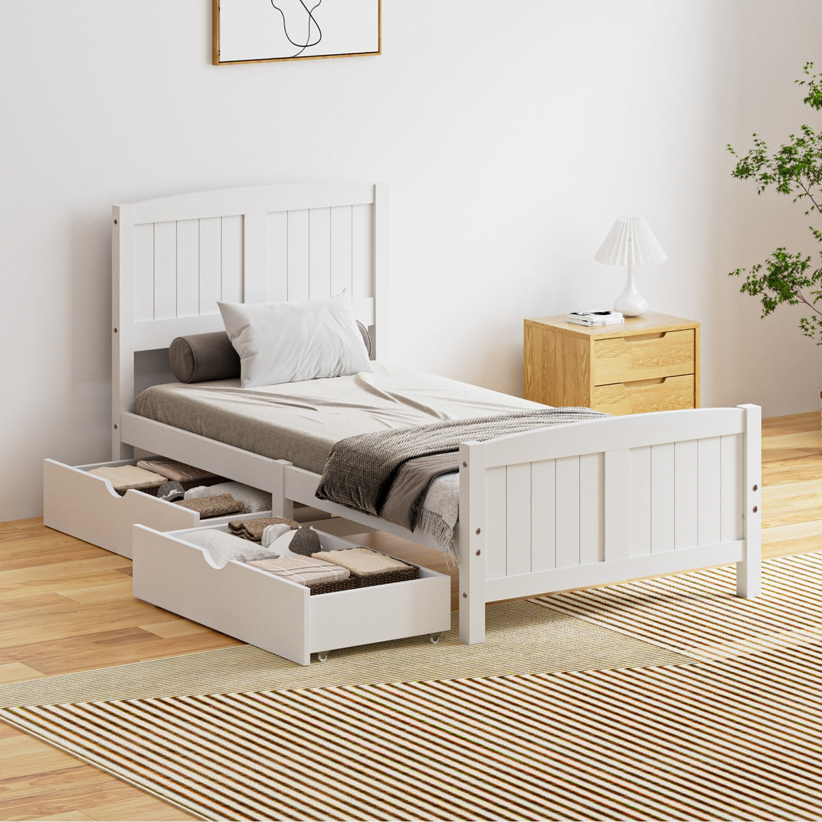 Oikiture Wooden Bed Frame Quenn Double King Single Base with Drawers White META