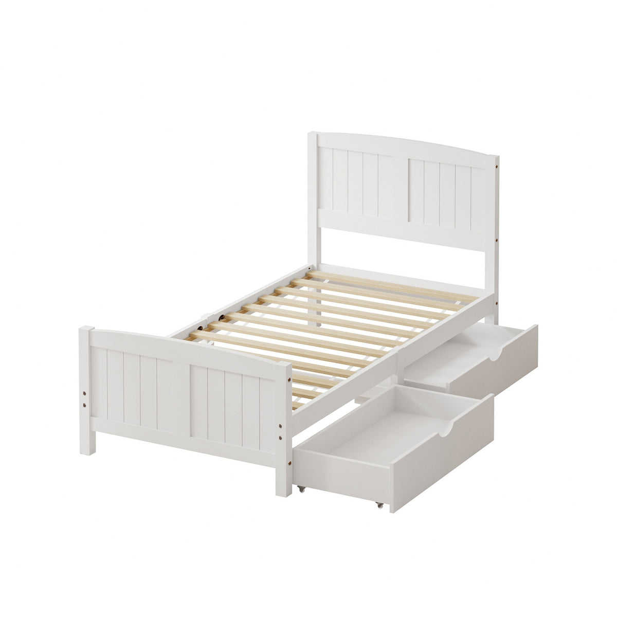 Oikiture Wooden Bed Frame Single Size Base with Trundle Storage Drawers White