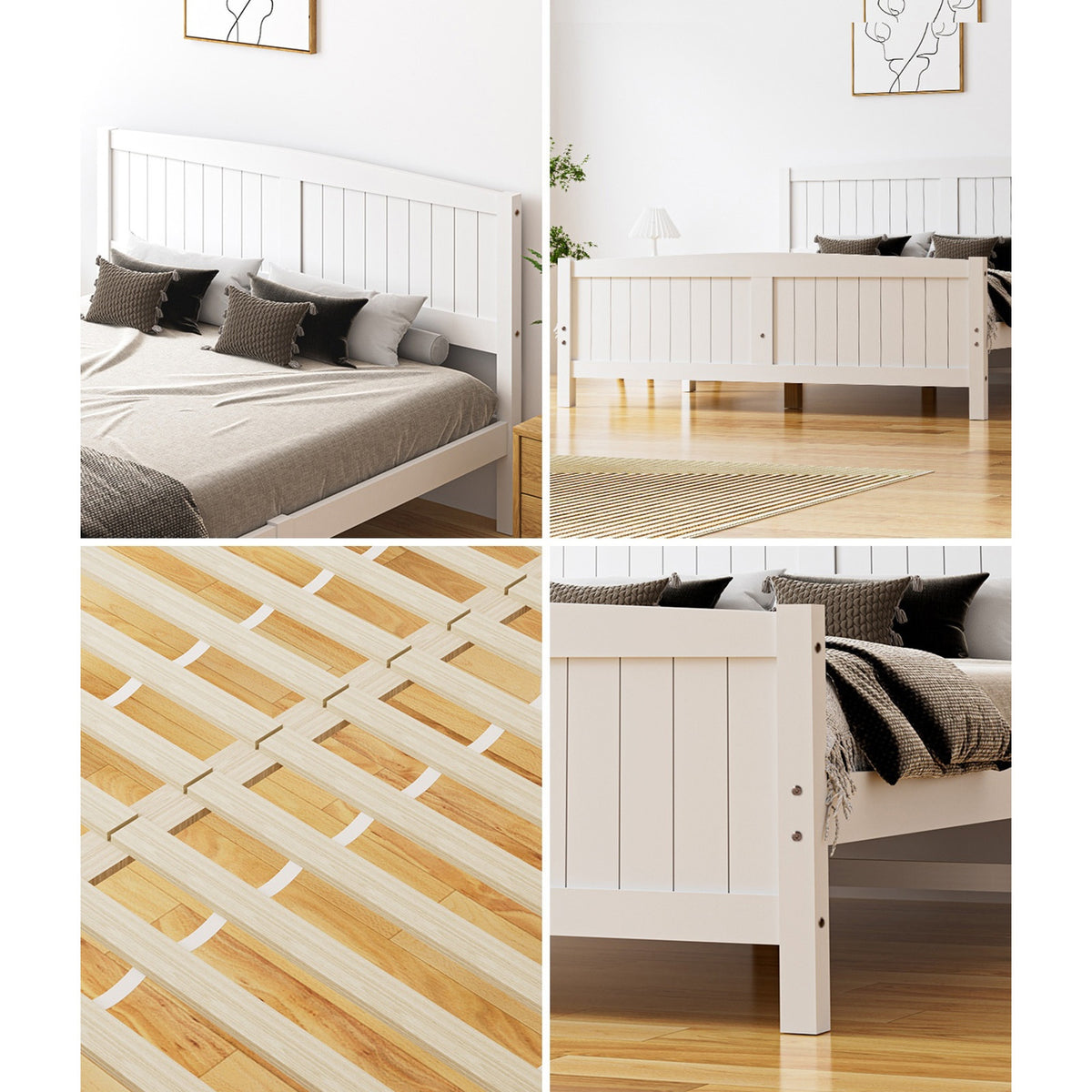 Oikiture Bed Frame Queen Double King Single Wooden Base Timber Platform White