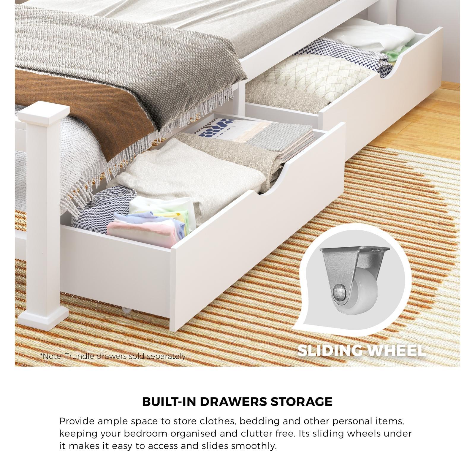 Oikiture Solid Pine Wood Bed Frame with 2 Storage Drawers Platform White Double