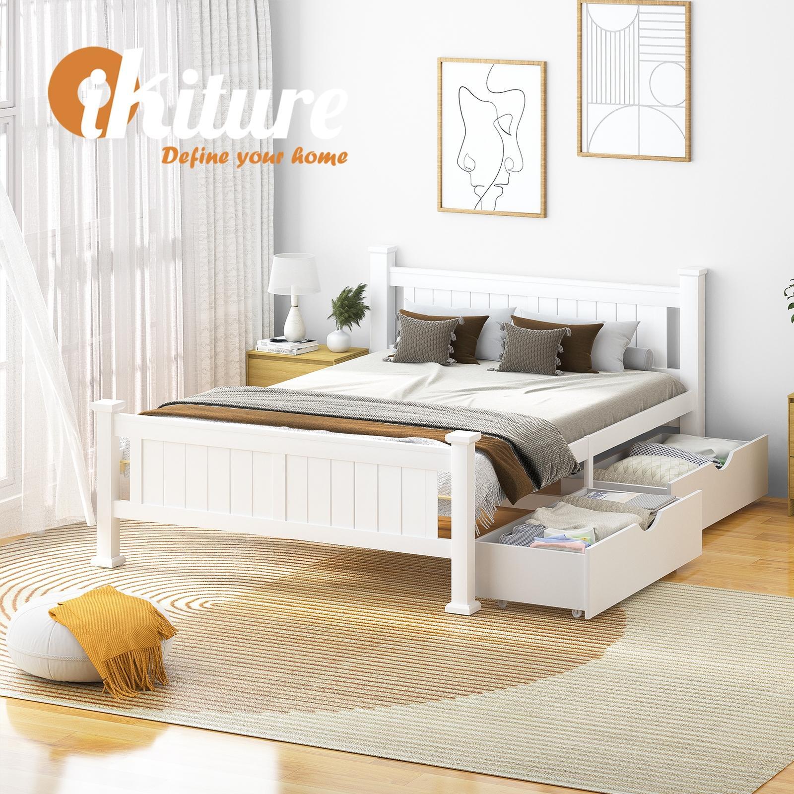 Oikiture Solid Pine Wood Bed Frame with 2 Storage Drawers Platform White Double