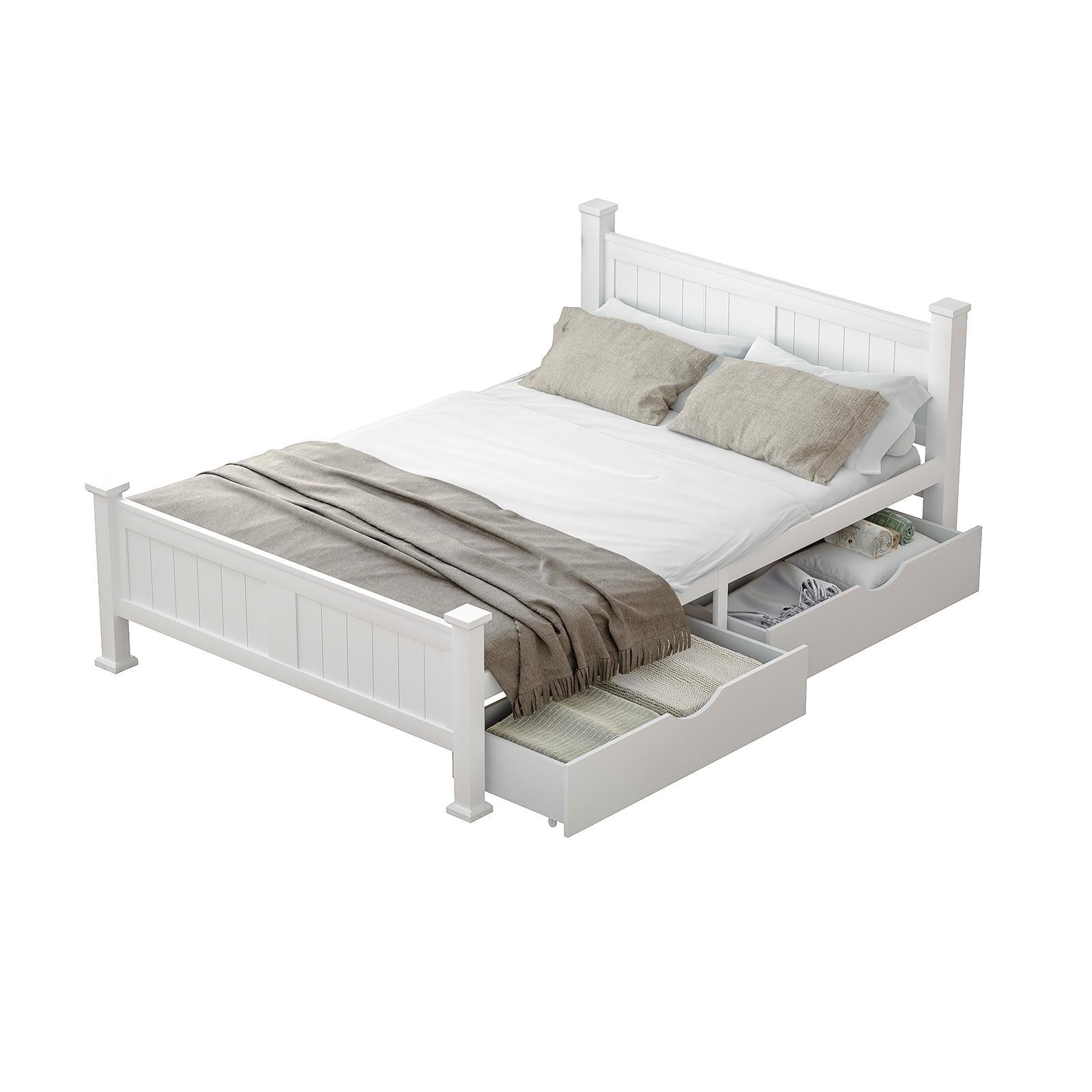 Oikiture Solid Pine Wood Bed Frame with 2 Storage Drawers Platform White Double