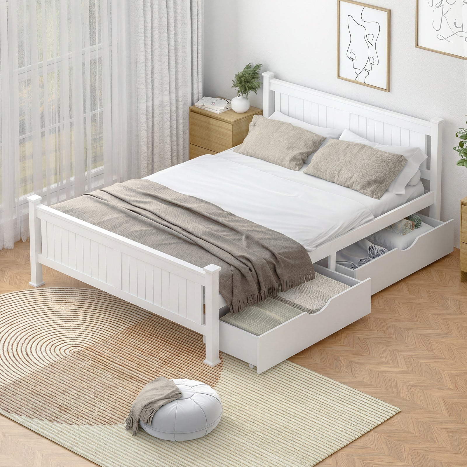 Oikiture Solid Pine Wood Bed Frame with 2 Storage Drawers Platform White King