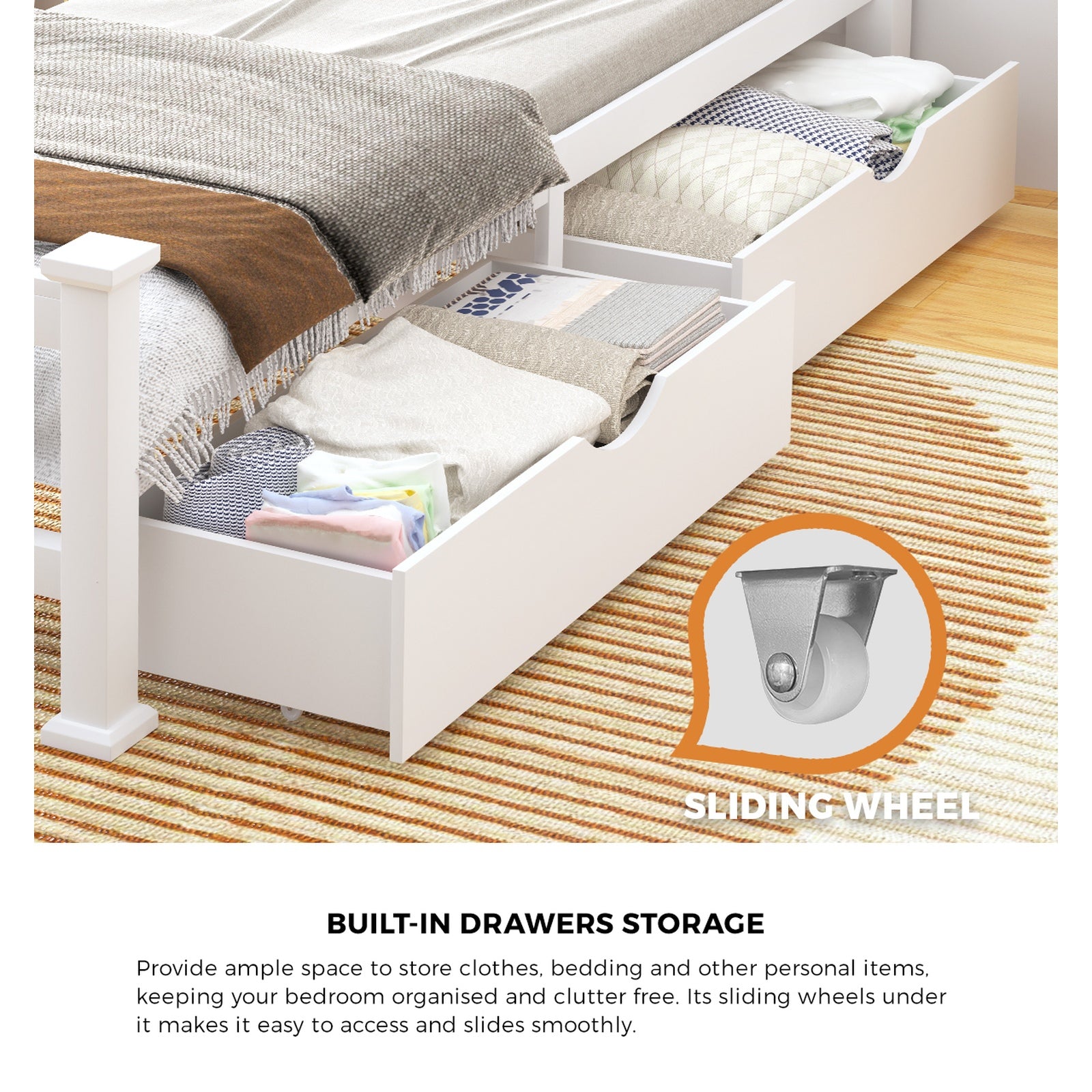 Oikiture Solid Pine Wood Bed Frame with 2 Storage Drawers Platform White King