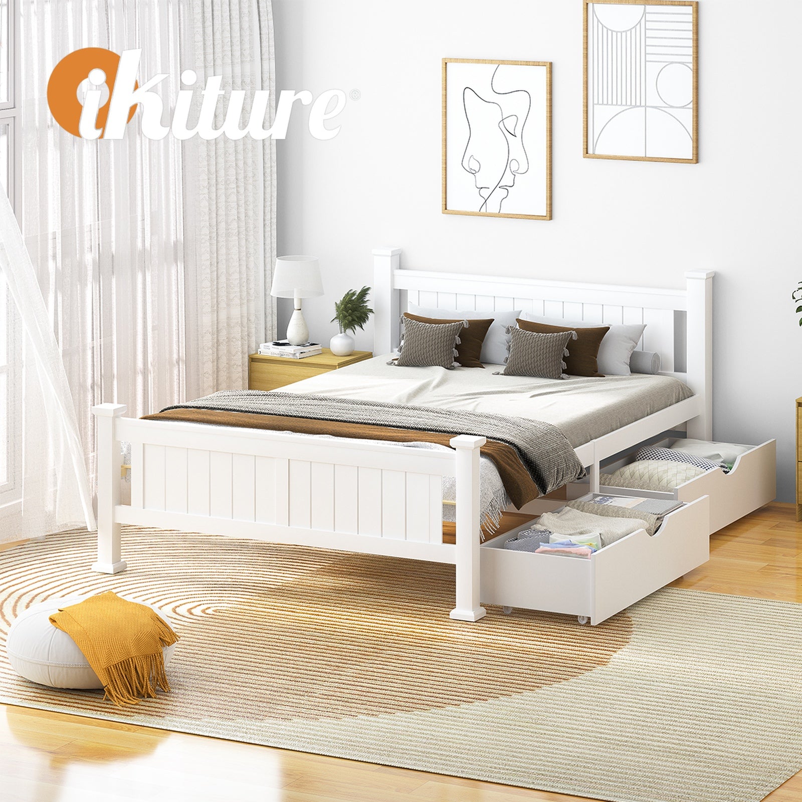Oikiture Solid Pine Wood Bed Frame with 2 Storage Drawers Platform White King