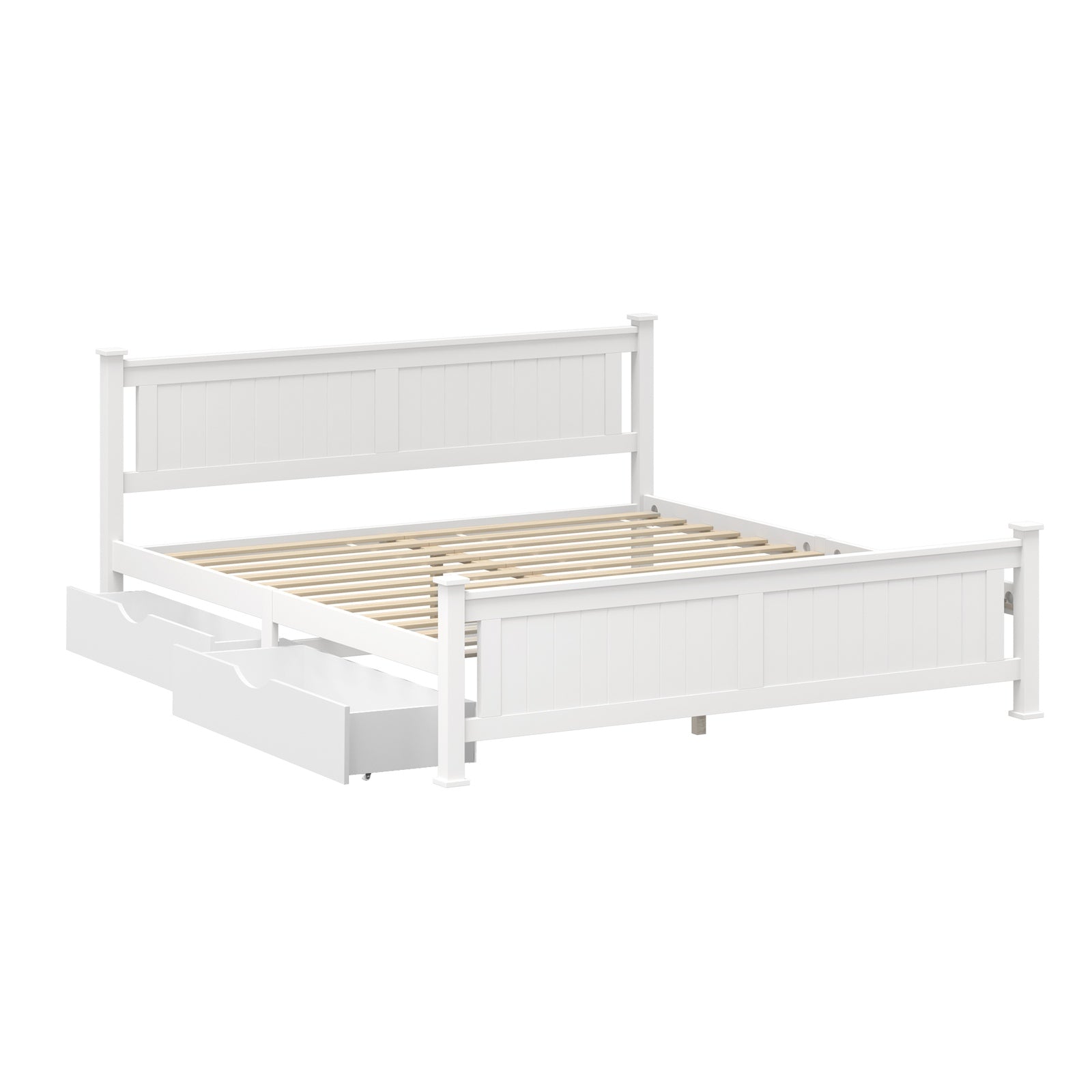 Oikiture Solid Pine Wood Bed Frame with 2 Storage Drawers Platform White King