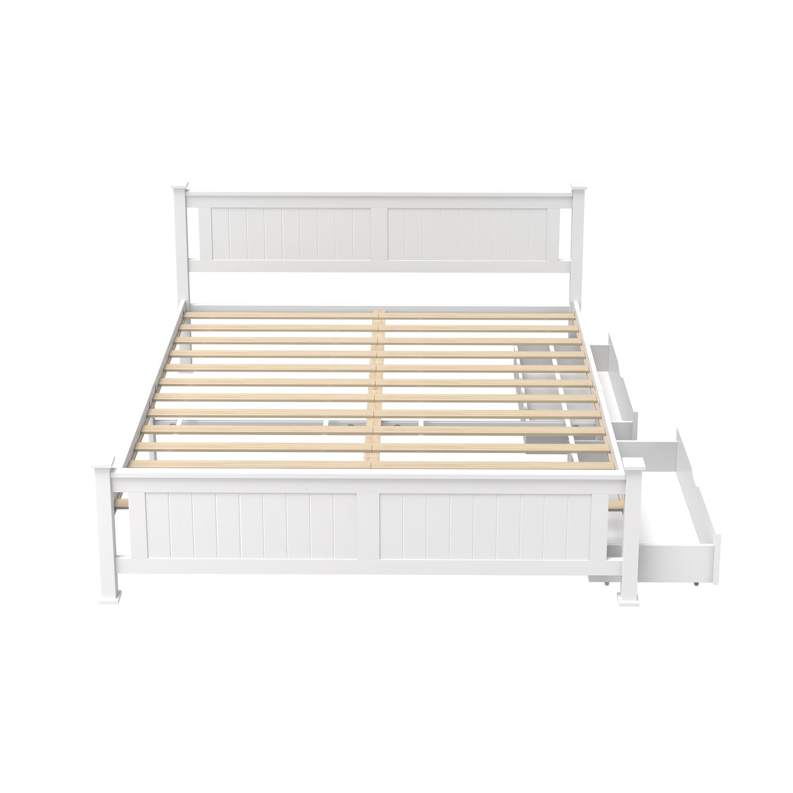 Oikiture Solid Pine Wood Bed Frame with 2 Storage Drawers Platform White King