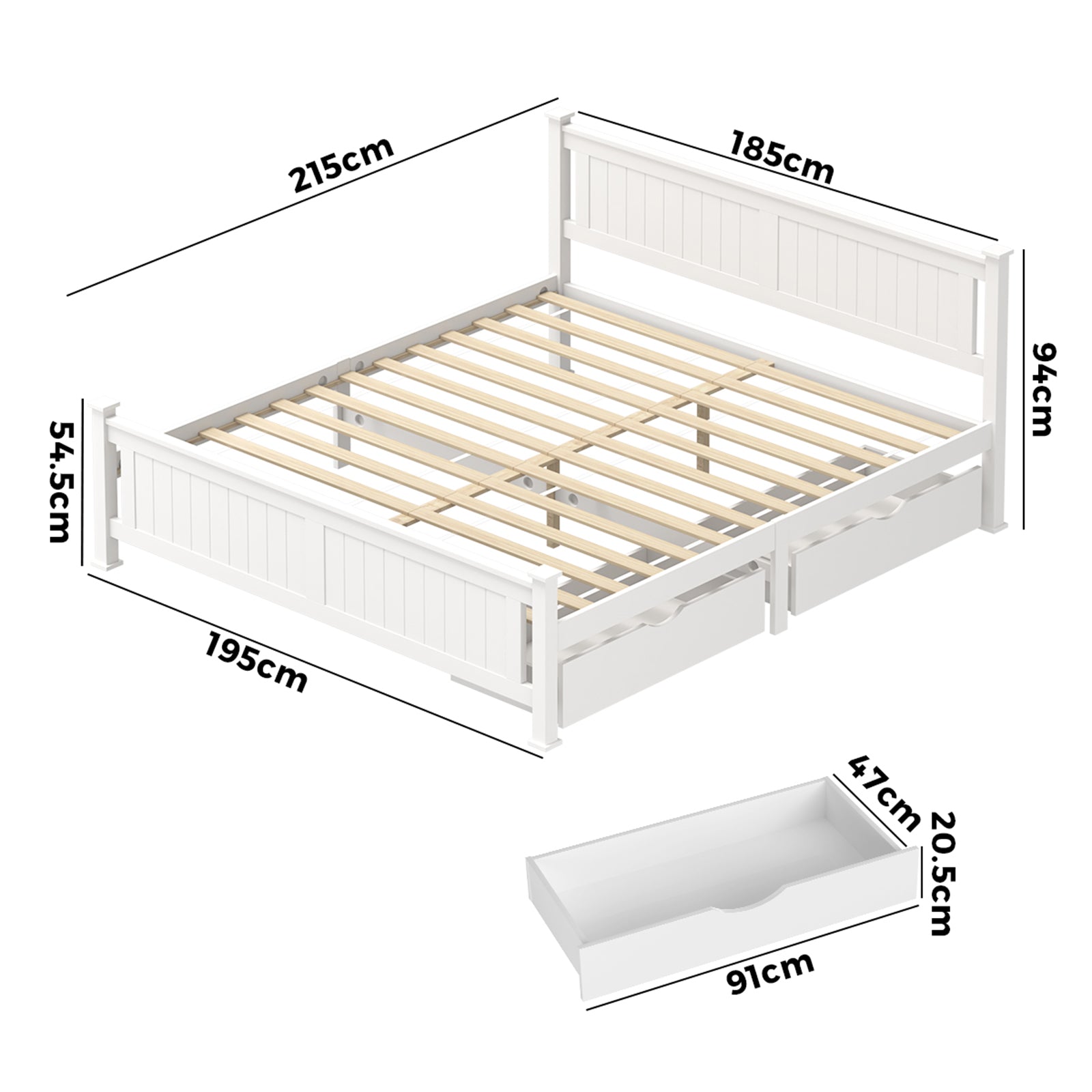 Oikiture Solid Pine Wood Bed Frame with 2 Storage Drawers Platform White King