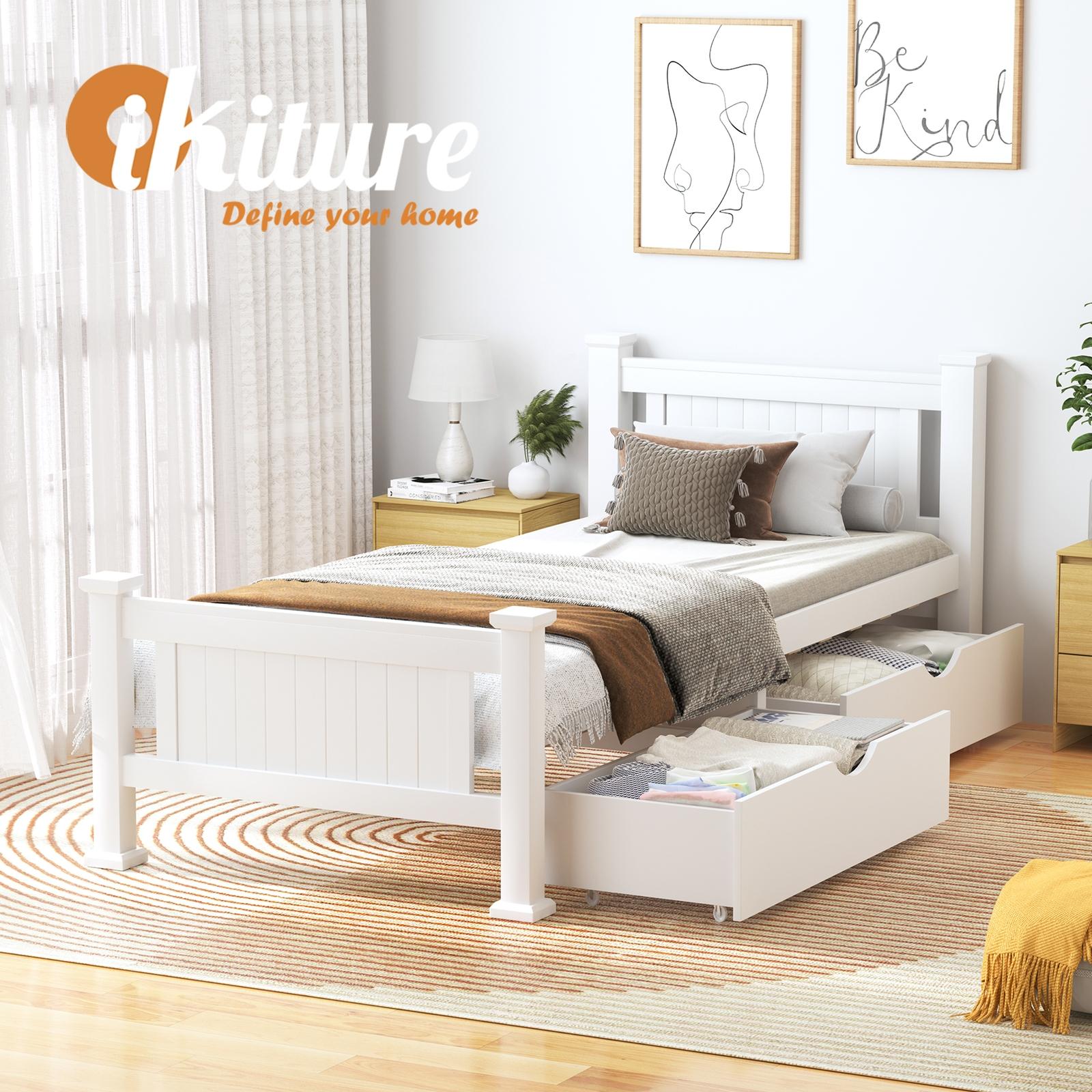 Oikiture Solid Pine Wood Bed Frame with 2 Storage Drawers Platform King Single