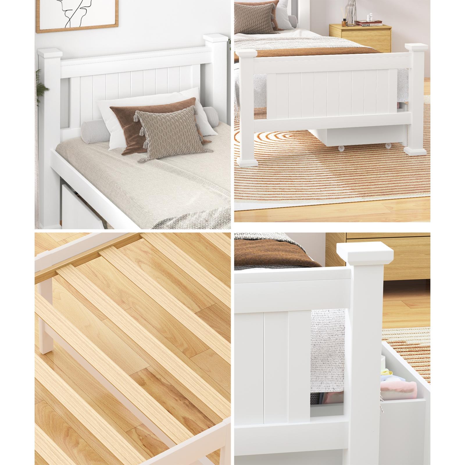 Oikiture Solid Pine Wood Bed Frame with 2 Storage Drawers Platform White Single