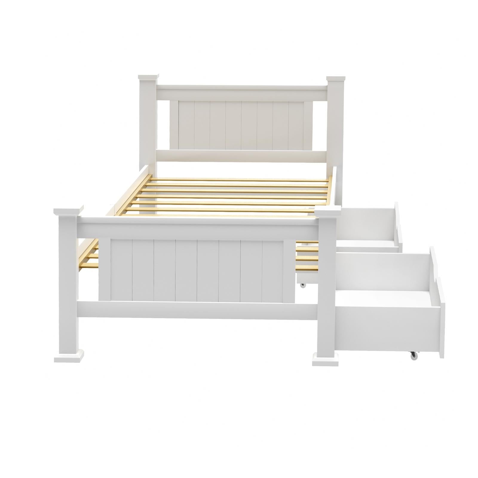 Oikiture Solid Pine Wood Bed Frame with 2 Storage Drawers Platform White Single