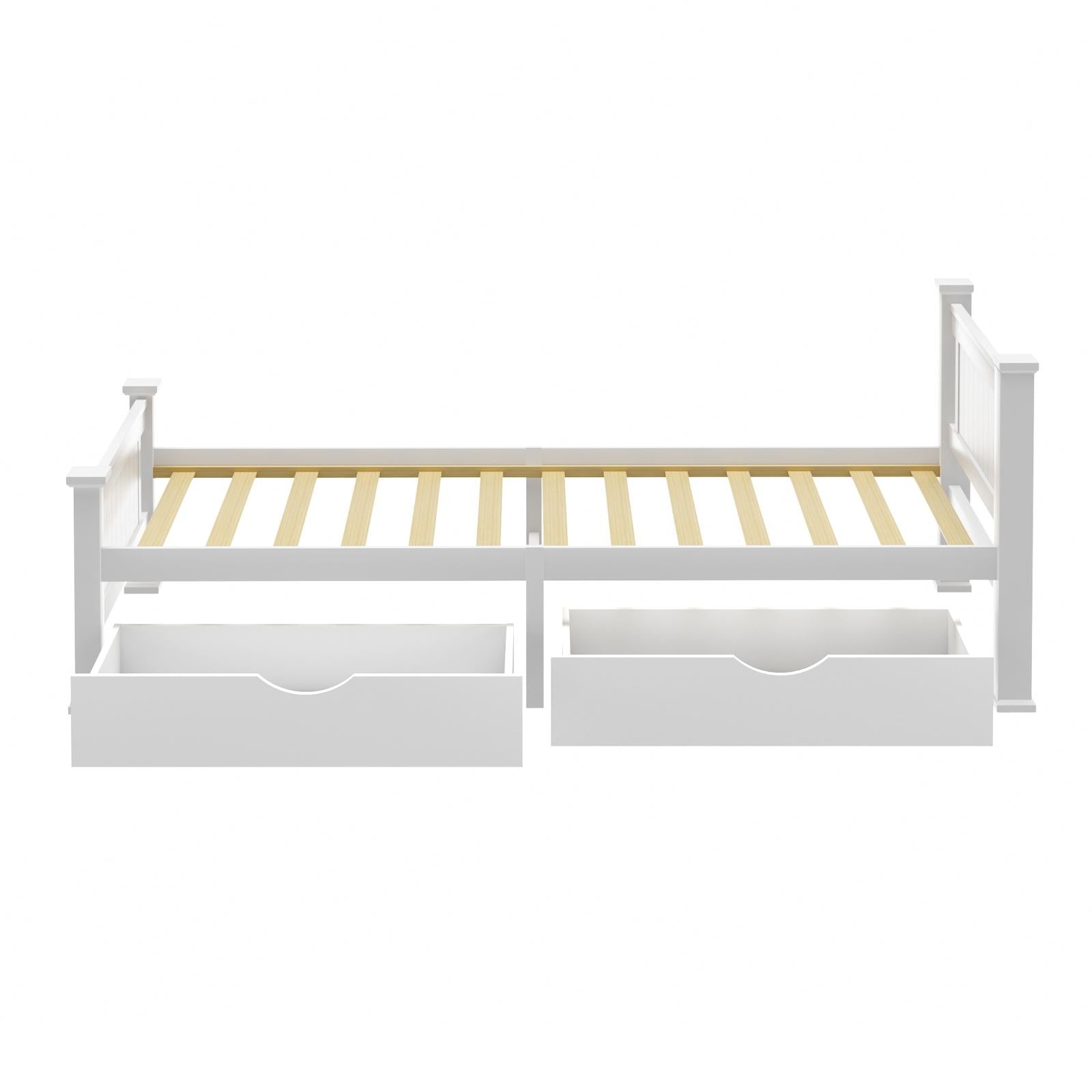Oikiture Solid Pine Wood Bed Frame with 2 Storage Drawers Platform White Single